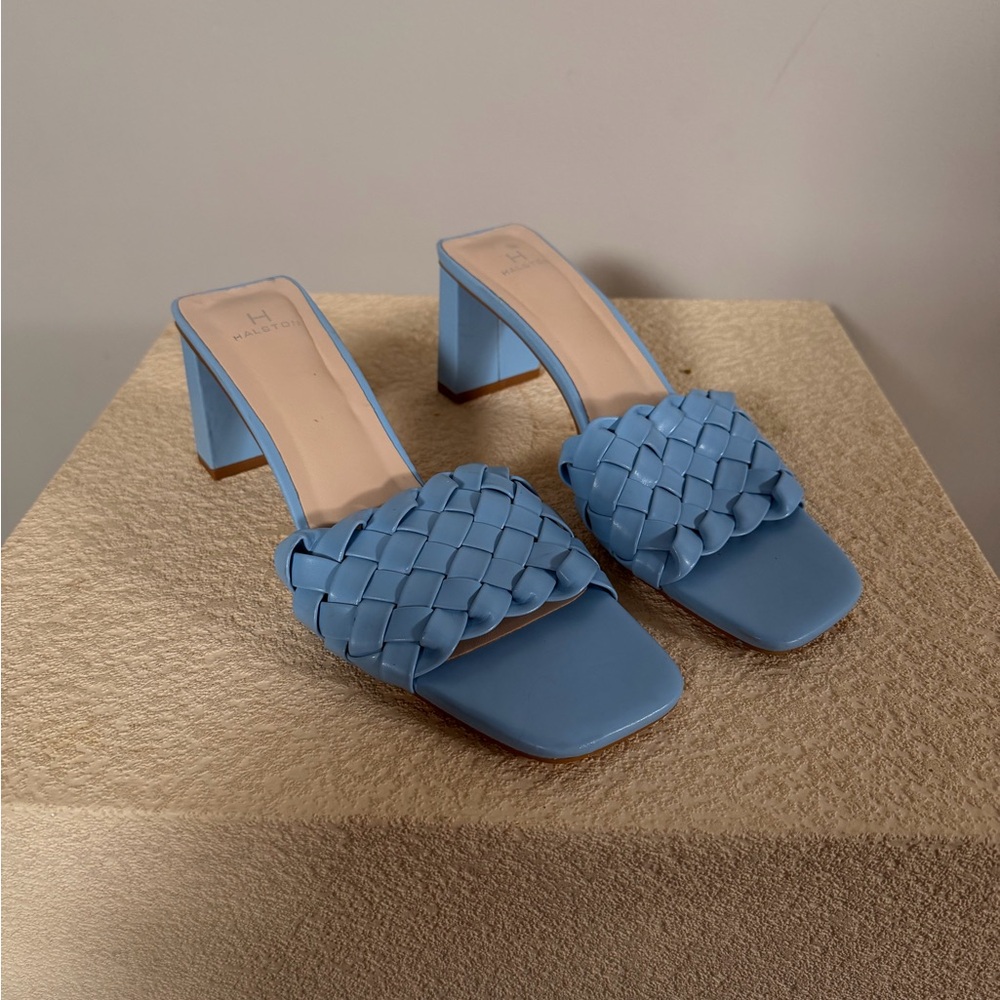 H by Halston Blue Woven Strap Block Heel Mules